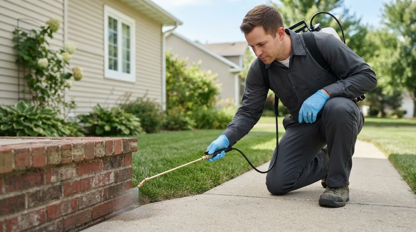 Pest control technician treating a home near Burkesville, KY